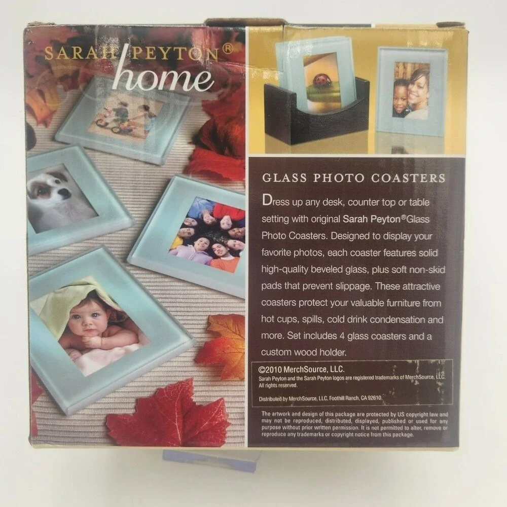 Set of 4 Frosted Glass Photo‎ Coasters with Wood Stand by Sarah Peyton Home